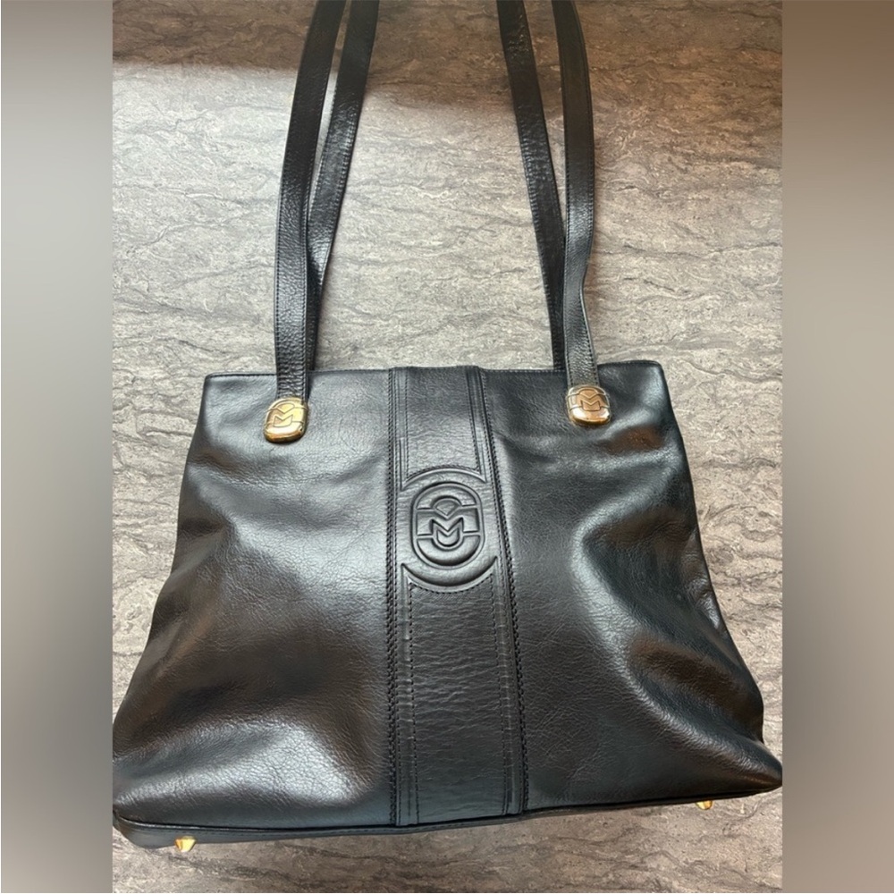 Marino Orlando Italian Black Leather Shoulder Bag with Gold Accents